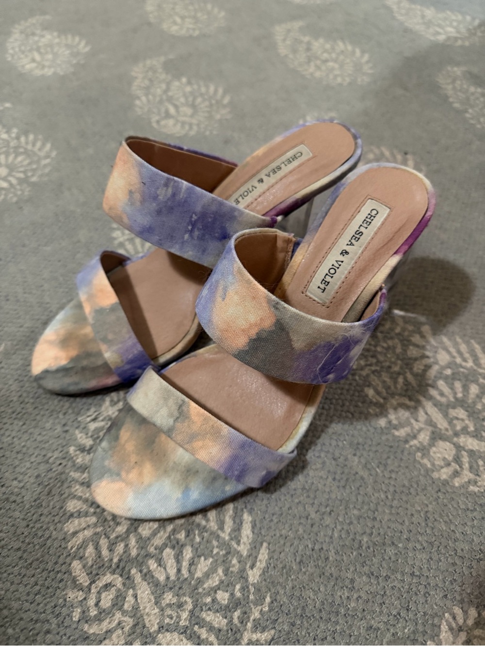 Chelsea & Violet Purple Tie-Dye Slide Sandals with Clear Heel